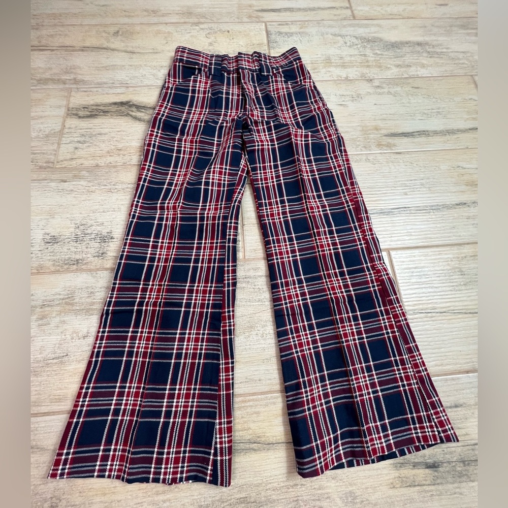70s Billy The Kid Flared Jeans, Vintage Unisex Red Blue Check Farah Trouser Q452